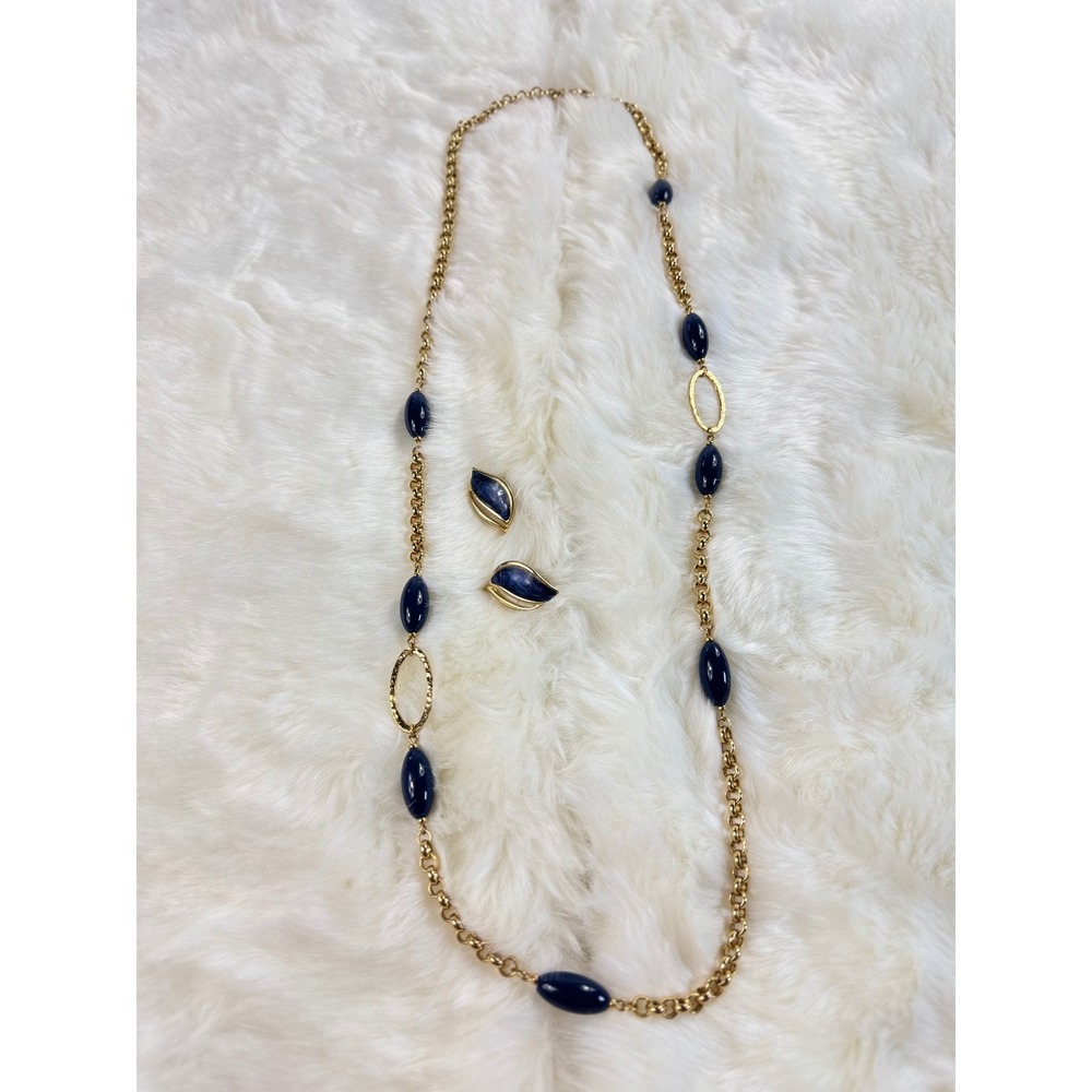 Vintage Monet Gold Tone Navy Blue Bead Station Necklace and Clip On Earring Set - Picture 2 of 9